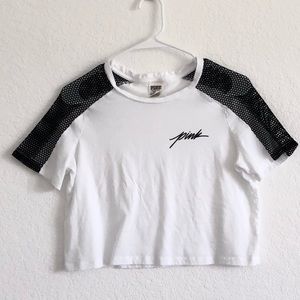 PINK CROP TOP, white and black mesh sleeves